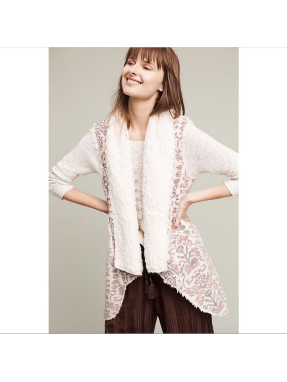 Cream Open-Front Cardigan with Pink Floral Panels And Sherpa